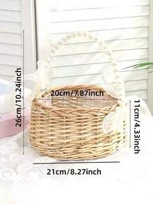 1/2PCS Handmade Pearl Beaded Princess Flower Basket Rattan Woven Storage Basket Handheld Bouquet Basket Handcrafted Home Wedding Party Decor Gift For Her Valentine Birthday - Multicolor - View 9
