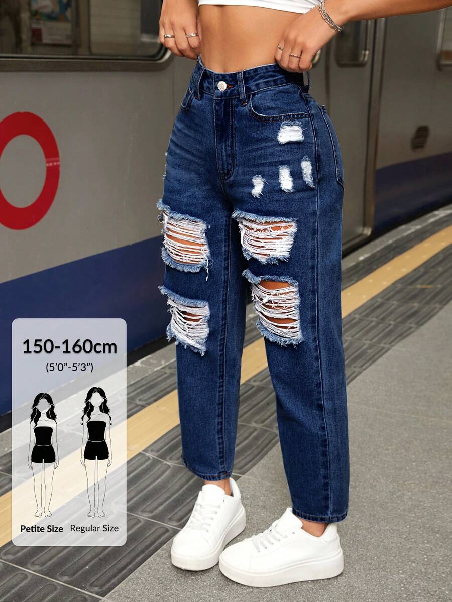 SHEIN PETITE 女款深藍色做舊寬鬆牛仔褲,夏季休閒街頭風城市度假破洞男友風鬆弛版型彈性丹寧褲,附鈕扣口袋,適合嬌小女性 - 深色水洗藍 - 查看 1