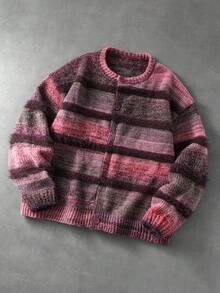 ROMWE MEN Men's Striped Long Sleeve Single-Breasted Casual Knit Cardigan - Purple - View 4