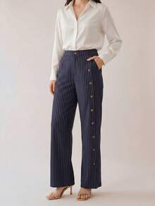 SHEIN x Rafa Kalimann Uhlyne Uhlyne Celana Panjang Wanita Motif Garis-garis dengan Kancing dan Saku, Cocok untuk Pakaian Sehari-hari Saat Berpergian, Cocok untuk Musim Semi/Gugur - Biru - View 5
