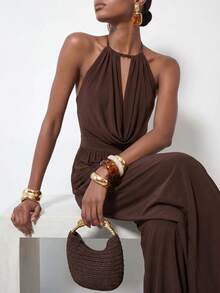 SHEIN x Rafa Kalimann Zivah Women's Solid Color Draped Neck Cowl Neck Fashion Jumpsuit For Vacation - Brown - View 11