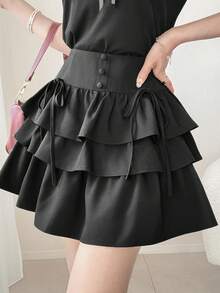 FRIFUL Rok Ruffle Berlapis Pinggang Tinggi Wanita yang Mempesona, Atasan Lucu Serbaguna - Hitam - View 11