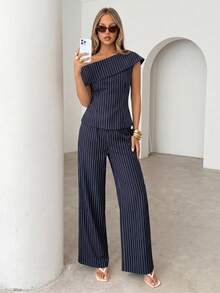Siren Gaze Women Summer Casual Striped Foldover Asymmetric Collar Fitted Top Wide Leg Pants 2 Sets Elegant Going Out Vacation Y2k Work Office Business - Navy Blue - View 9