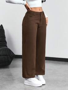 SHEIN PETITE Casual Versatile Low-Waist Straight-Leg Jeans ,Petite Women - Chocolate Brown - View 4