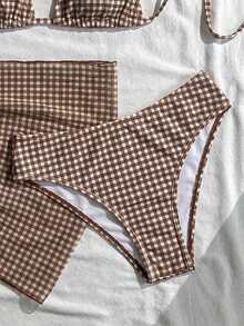 Swim Vcay 女款夏季海灘度假鮮豔花卉掛脖綁帶露背性感比基尼泳衣3件套 - 棕色 - 查看 6