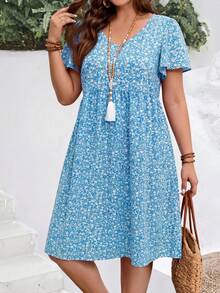 EMERY ROSE Đầm dự tiệc mùa hè cỡ lớn dành cho nữ, họa tiết hoa nhí, tay bồng. - Xanh da trời - Xem 4