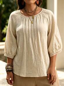 SHEIN LUNE CURVE Plus Size Women's Casual Comfortable Round Neck 3/4 Sleeve Shirt, Summer Fall - Apricot - View 8