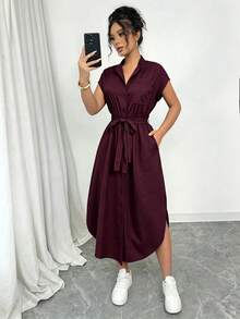 SHEIN Raffinéa Women's Solid Color Waist Knot Casual Party Dress - Burgundy - View 5
