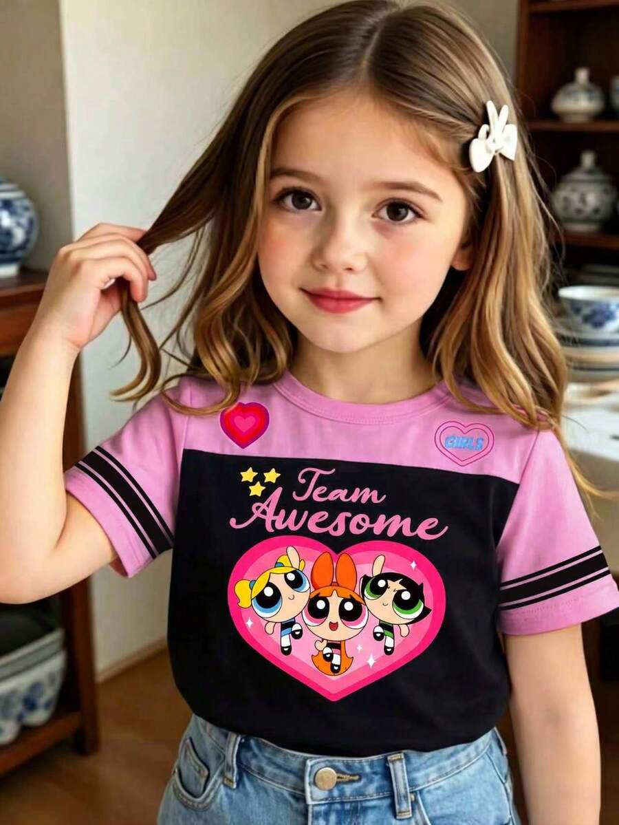 THE POWERPUFF GIRLS X SHEIN GraphicGems Young Girl Heart Cartoon Color-Block Pattern Short Sleeve Soft Versatile Casual Summer T-Shirt