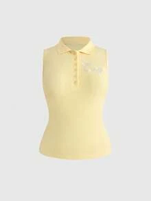 Mean Girls | ROMWE Plus Size Women's Letter Rhinestone Design Polo Collar Sleeveless Top - Yellow - View 5