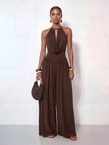 SHEIN x Rafa Kalimann Zivah Women's Solid Color Draped Neck Cowl Neck Fashion Jumpsuit For Vacation - Brown - View 9