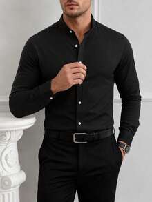 Core Aspect Men's Stand Collar Minimalist Shirt, Comfortable And Smooth Fabric, Casual Long Sleeve Versatile Shirt - Black - View 5