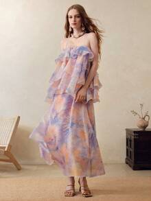 SHEIN Women's Tie-Dye Multi-Layer Ruffle Hem Fashion Spaghetti Strap Dress - Purple - View 6
