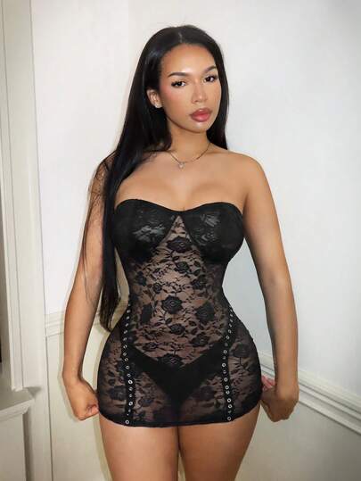 SHEIN BamGlam New Sexy Lace See-Through Strappy Party Dress With A Fitted Hip