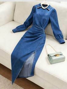 SHEIN LUNE CURVE Plus Size Women Ruched Slit Design Fashion Date Workwear Party Denim Dress Blue Autumn Elegant - Blue - View 1