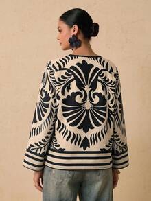 Travachic Plus Size Women's Long-Sleeve Shirt With A Black-And-White Tropical Print And Front Tie Design Fall Clothes Holiday Outfits - Multicolor - View 2