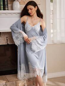 Moireta French Elegant Mature Lace Hollow Camisole Dress & Robe 2 Pieces Pajama Set For Women - Dusty Blue - View 3