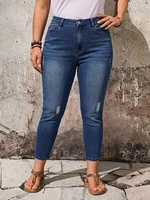 EMERY ROSE Plus Size Skinny Washed Distressed Denim Jeans - Medium Wash - View 1