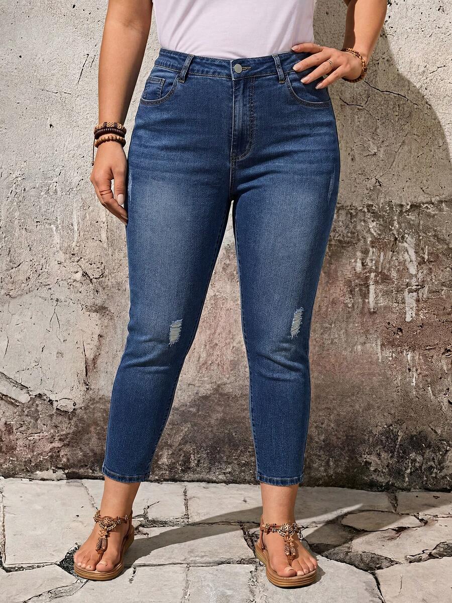 EMERY ROSE Plus Size Skinny Washed Distressed Denim Jeans - Medium Wash - View 1