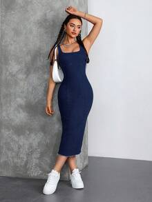 SHEIN Tall 方領露肩修身緊身牛仔中長洋裝，適合派對與度假，高個女性穿著 - 深色水洗藍 - 查看 10