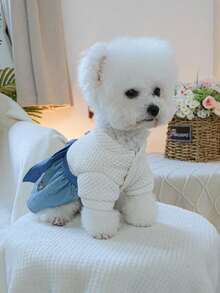 PETSIN 1pc Plush Thickened Pet Dress, Suitable For Cats And Dogs To Wear In Autumn And Winter, Embroidered Small Flower Dress In Princess Style - Blue and White - View 8