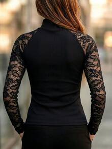 SHEIN Women's Elegant Street Style Blended Fabric Shirt, Zipper Collar, Sheer Lace Sleeves, Versatile Everyday Top - Black - View 3