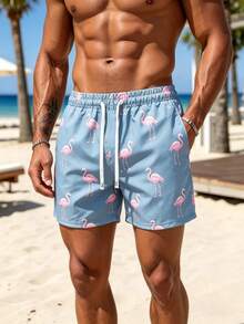 Manfinity KASUA Men's Flamingo Print Drawstring Waist Casual Beach Shorts - 霧霾藍 - 查看 5