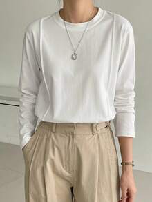 Dazy-Less Spring/Autumn Casual Versatile Solid Color Long Sleeve T-Shirt - White - View 7