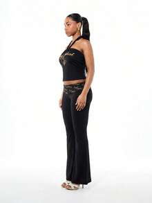 BABYPHAT Tie Neck Halter Crop Top With Gold Logo Print, Sleeveless Jersey Bandeau Style - Black - View 5