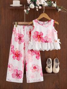 SHEIN Genkimix Kids 女童法式碎花印花圓領無袖背心上衣搭配側邊3D蝴蝶結裝飾與寬鬆直筒寬腿褲套裝，夏季休閒穿搭 - 粉色 - 查看 4