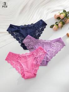 SHEIN 浪漫性感蕾絲女款三角內褲 3件組 - 彩色 - 查看 1