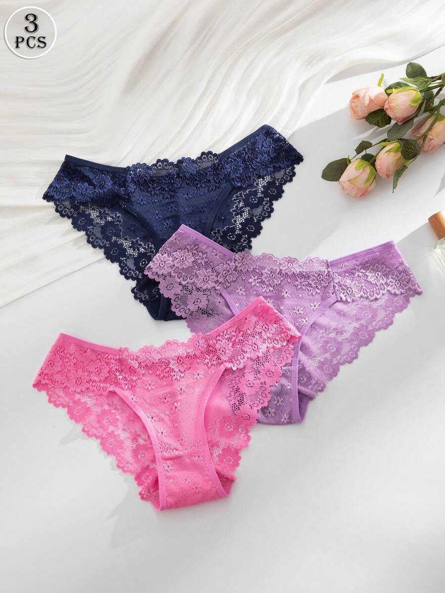 SHEIN 浪漫性感蕾絲女款三角內褲 3件組 - 彩色 - 查看 1