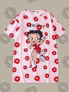 Betty Boop x SHEIN 女士圆领短袖可爱印花舒适夏季睡裙 - 粉色 - 查看 1