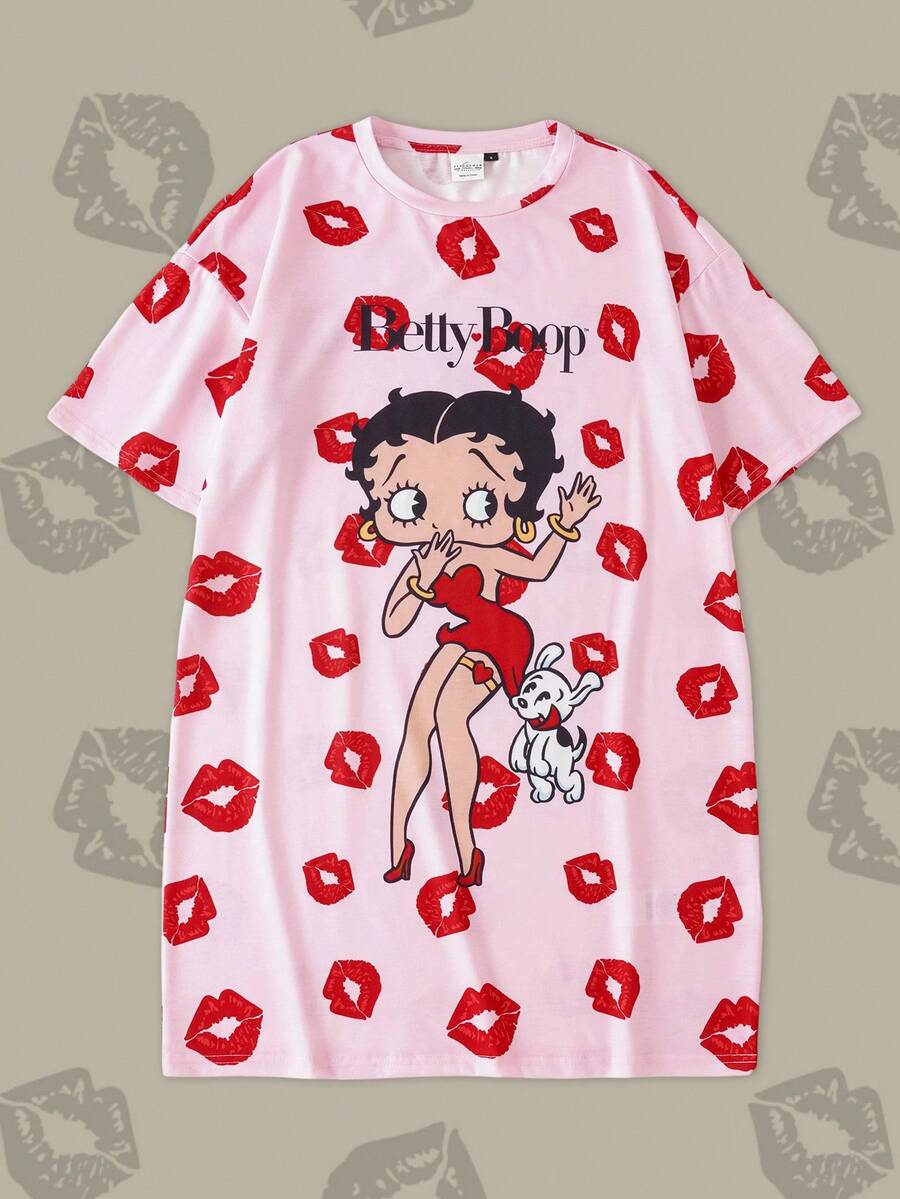 Betty Boop x SHEIN 女士圆领短袖可爱印花舒适夏季睡裙 - 粉色 - 查看 1