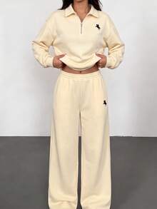 SHEIN Tween女孩極簡印花時尚拉鍊長袖運動衫＋長褲兩件套，舒適風格 - 杏色 - 查看 5