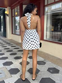 Alexandranx Minimalist Commuter Neck Tie Backless Bodycon Ruched White Polka Dot Mini Dress For Women,Dresses Elegant Summer Party - Black and White - View 3