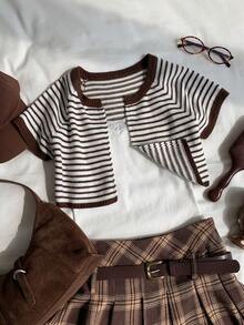 Comfortcana Women's White And Brown Raglan Short Sleeve Casual French Thin Cardigan Brunch Summer - Multicolor - View 5