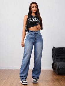 SHEIN Tall 女款高腰磨損淺藍色水洗Y2K牛仔褲，冬季休閒街頭風寬腿牛仔褲，拼接口袋寬鬆大廓形牛仔褲，適合高個女性 - 深色水洗藍 - 查看 4