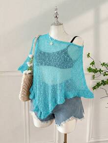 SHEIN EZwear 夏季外出約會披風，咖啡棕色，荷葉邊飾，半透，休閒，鉤編，女款大尺碼 - 水鴨藍 - 查看 4