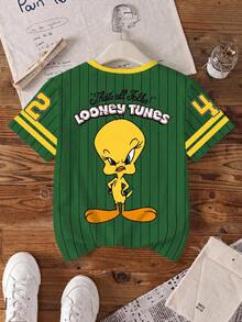 LOONEY TUNES X SHEIN 青少年女孩圓領字母卡通印花休閒日常短袖T恤 - 白色 - 查看 2