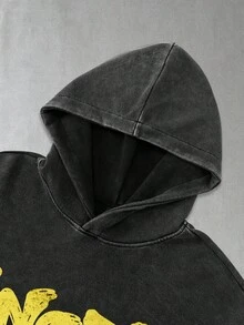 Manfinity EMRG Herren Schwarzer Gewaschener Distressed Kurz-Hoodie, Gelber Tropfender Schriftzug Engel Amor Grafikdruck auf dem Rücken, Vintage Y2K Gothic Street Style, Lässig Frühling/Sommer Urlaub, Musikfestival, Konzert, Clubparty - Schwarz - Übersicht 4
