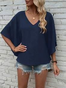 EMERY ROSE Blusa unicolor de manga murciélago de cuello V - Azul Marino - Ver 5
