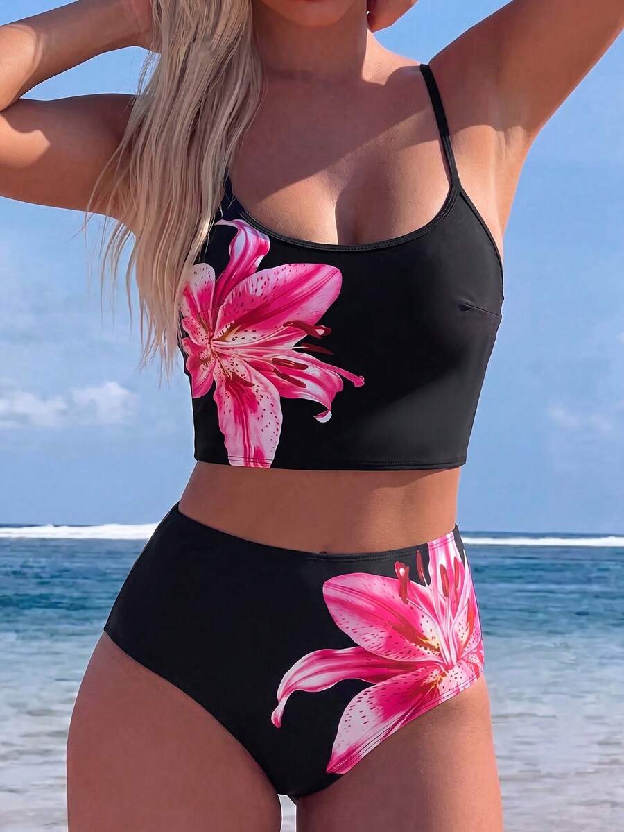 Swim Lushoire 女款花卉印花分體式比基尼上衣與三角比基尼下褲兩件式泳衣套裝 - 彩色 - 查看 1
