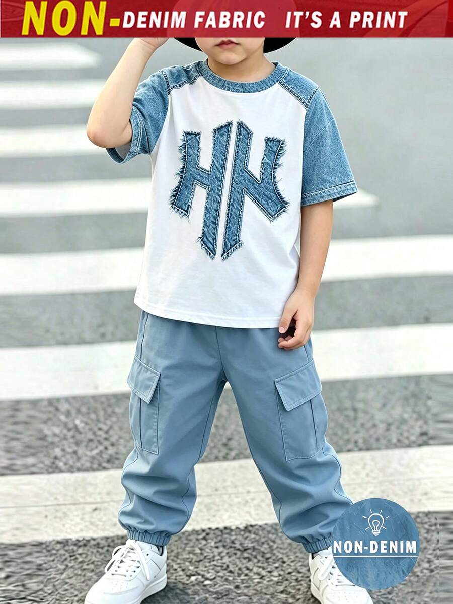 SHEIN 1 Set Minimalist Short Sleeve T-Shirt And Cargo Pants, Suitable For Little Boys Spring Summer Autumn Wear, Simple Casual Daily Style - Multicolor - View 1