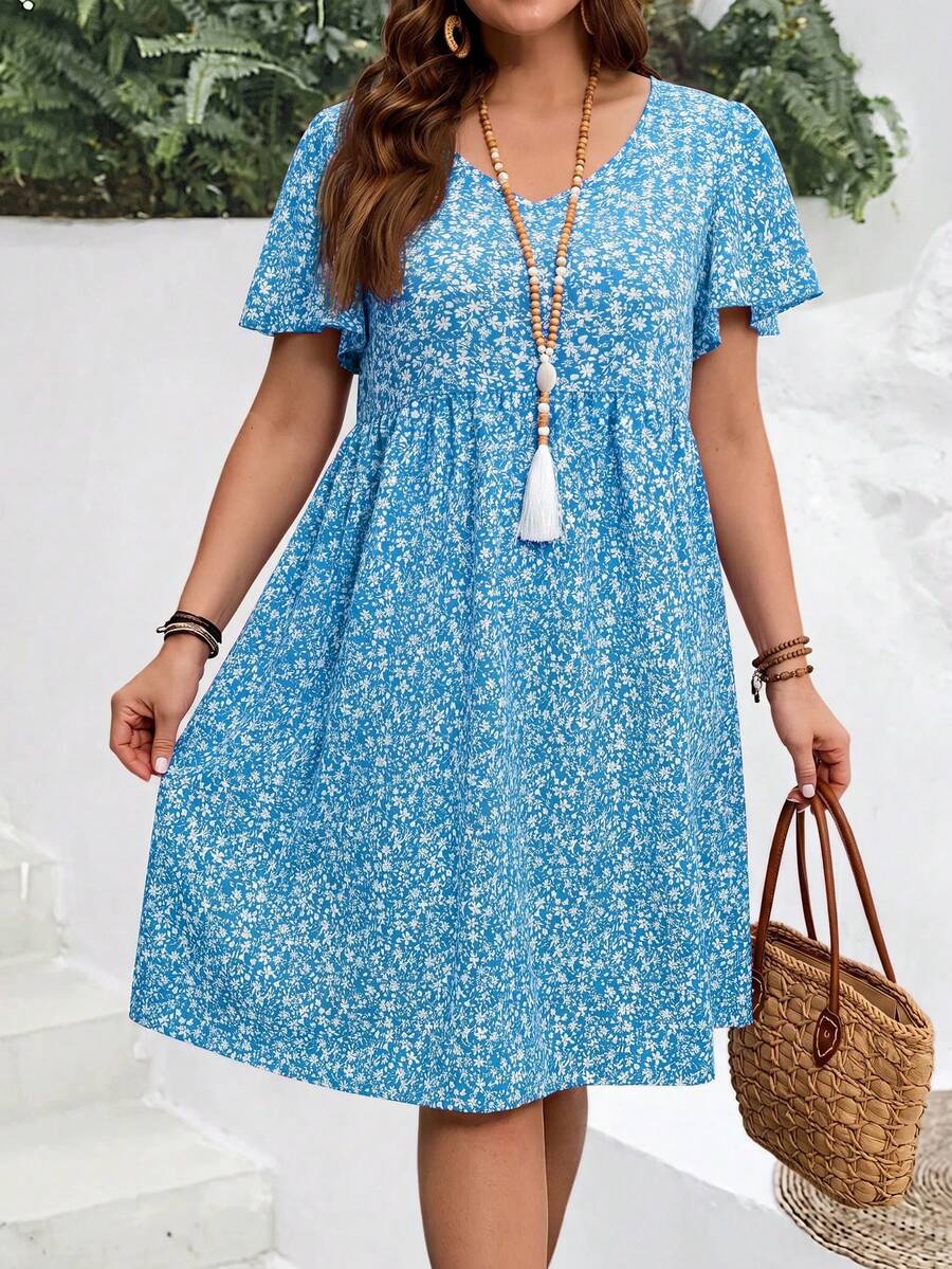 EMERY ROSE Đầm dự tiệc mùa hè cỡ lớn dành cho nữ, họa tiết hoa nhí, tay bồng. - Xanh da trời - Xem 1