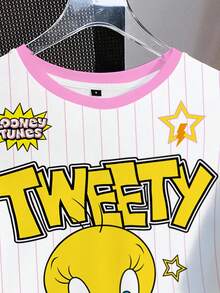LOONEY TUNES X SHEIN 女士圆领短袖休闲T恤，全印花 - 白色 - 查看 5