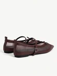 CUCCOO CHICEST Women's Shoes Breathable Mesh Bow One-Buckle Pointed Heel Simple Mesh Splicing Brown Mary Jane Flats Commuter Dating Party Fall Shoes - dark brown - View 6