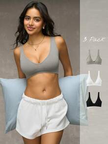 3pcs Solid Ribbed Knit Bralette - Multicolor - View 3