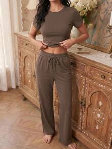 Modelyn Basic Solid Color Short T-Shirt For Women, New Spring/Summer Casual Wear - Chocolate Brown - View 5