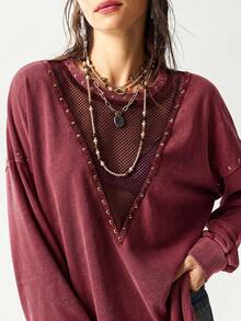 Bohemela Casual Grunge Solid Color Knit Round Neck Long Sleeve Loose Washed Women's Sweatshirt Concert Burgundy Autumn - Burgundy - View 6